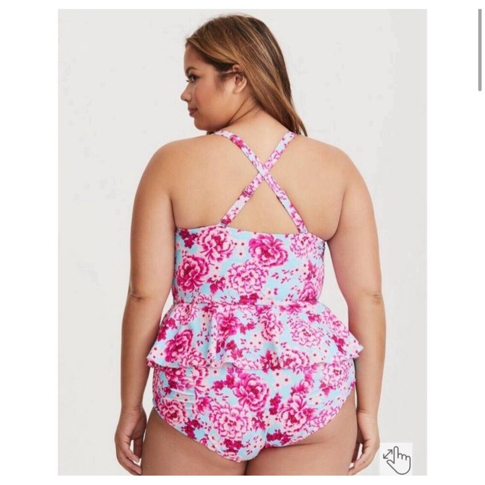 Torrid Floral Tankini Ruffle Swim Top Aqua Blue & Pink Beach Vacation Bathing Su - Picture 3 of 7